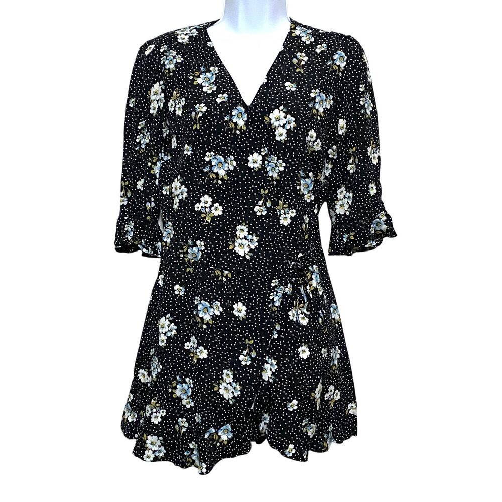 Loft Black Floral Polka Dot Wrap Skort Romper 0P Ruffle Bell Sleeve Classic Chic